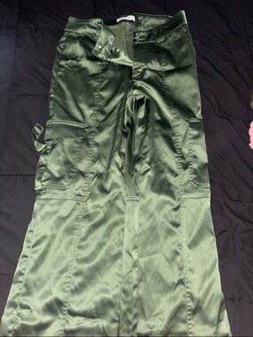 Satin Cargo Wide-Leg Pants in Deep Olive Green